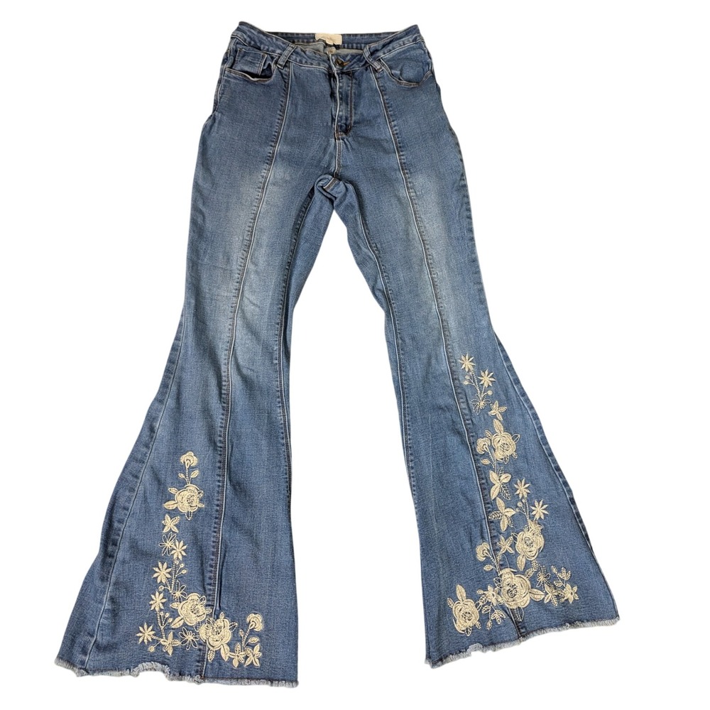 Chelsea & Violet Floral Embroidered Flare Jeans Medium Wash Raw Hem Size 27